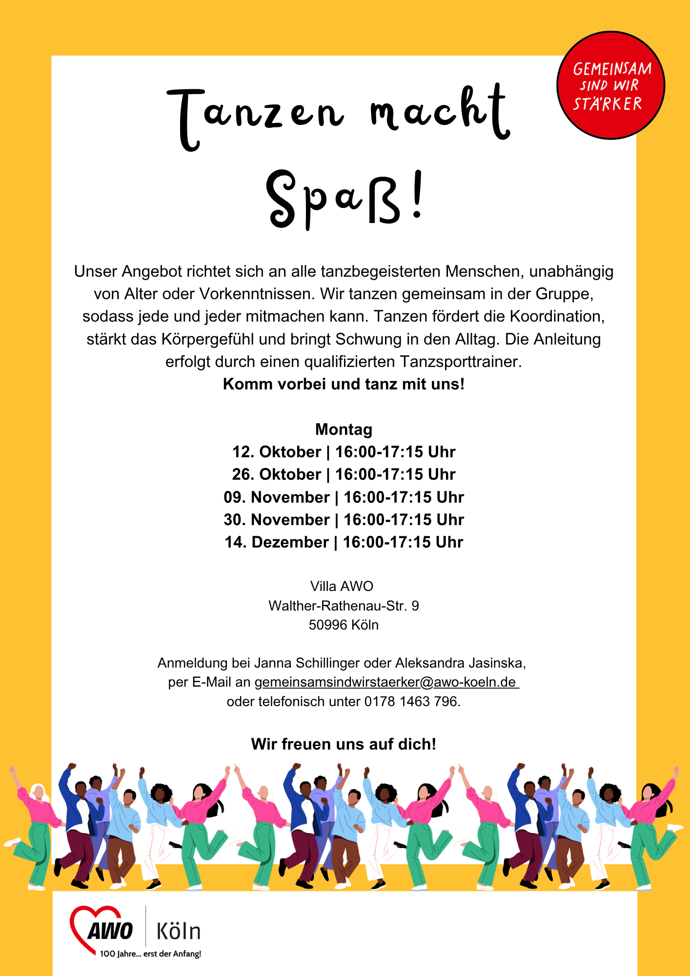 Plakat Tanzen macht Spaß mit tanzenden Menschen in der Villa AWO in Rodenkirchen