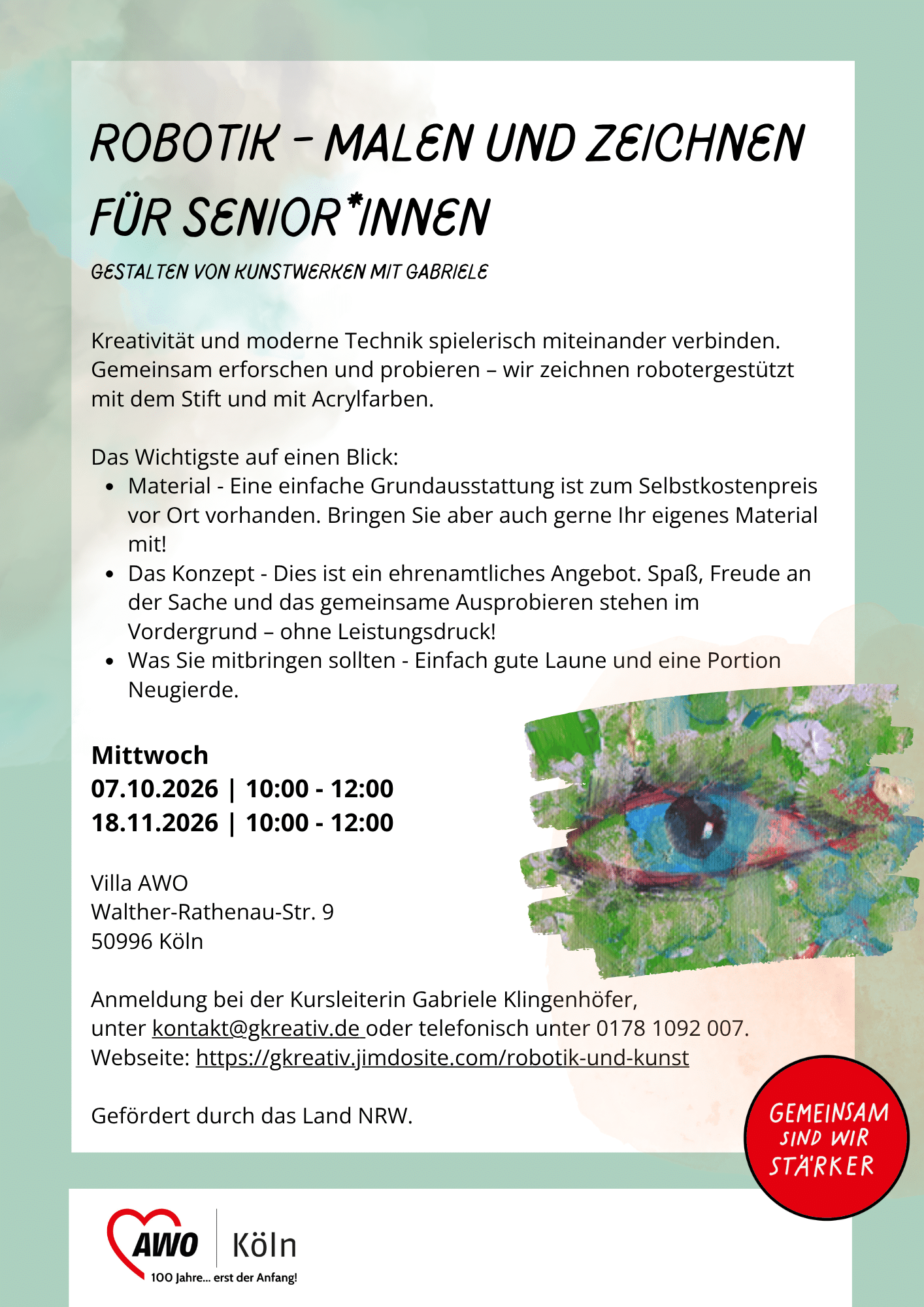 Plakat Robotik – Malen und Zeichnen für Senior*innen mit buntem Auge in der Villa AWO in Rodenkirchen