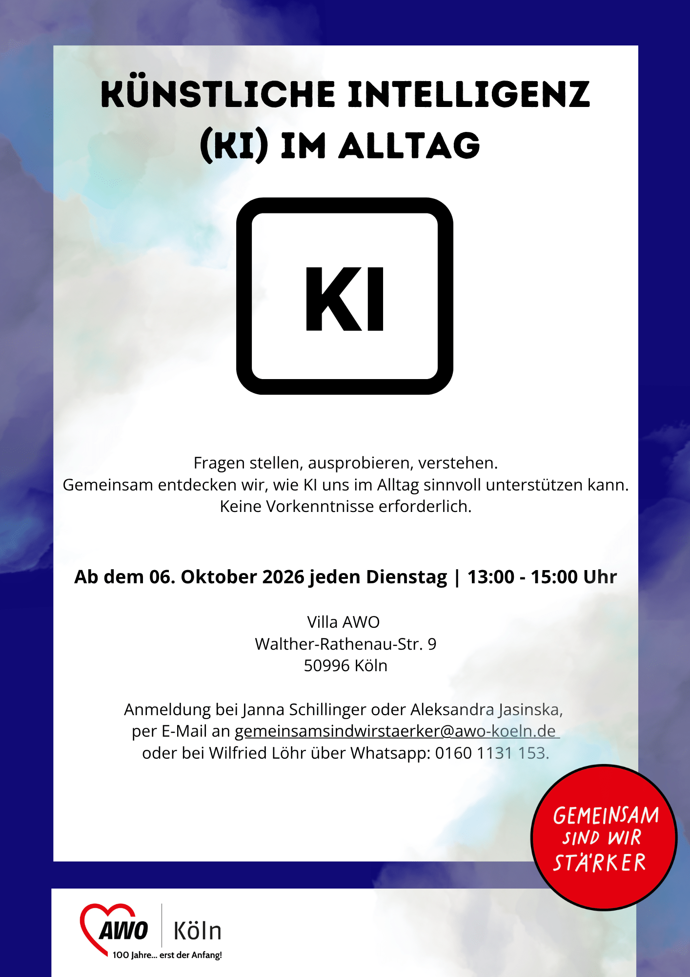 Plakat Künstliche Intelligenz im Alltag mit KI-Symbol in der Villa AWO in Rodenkirchen