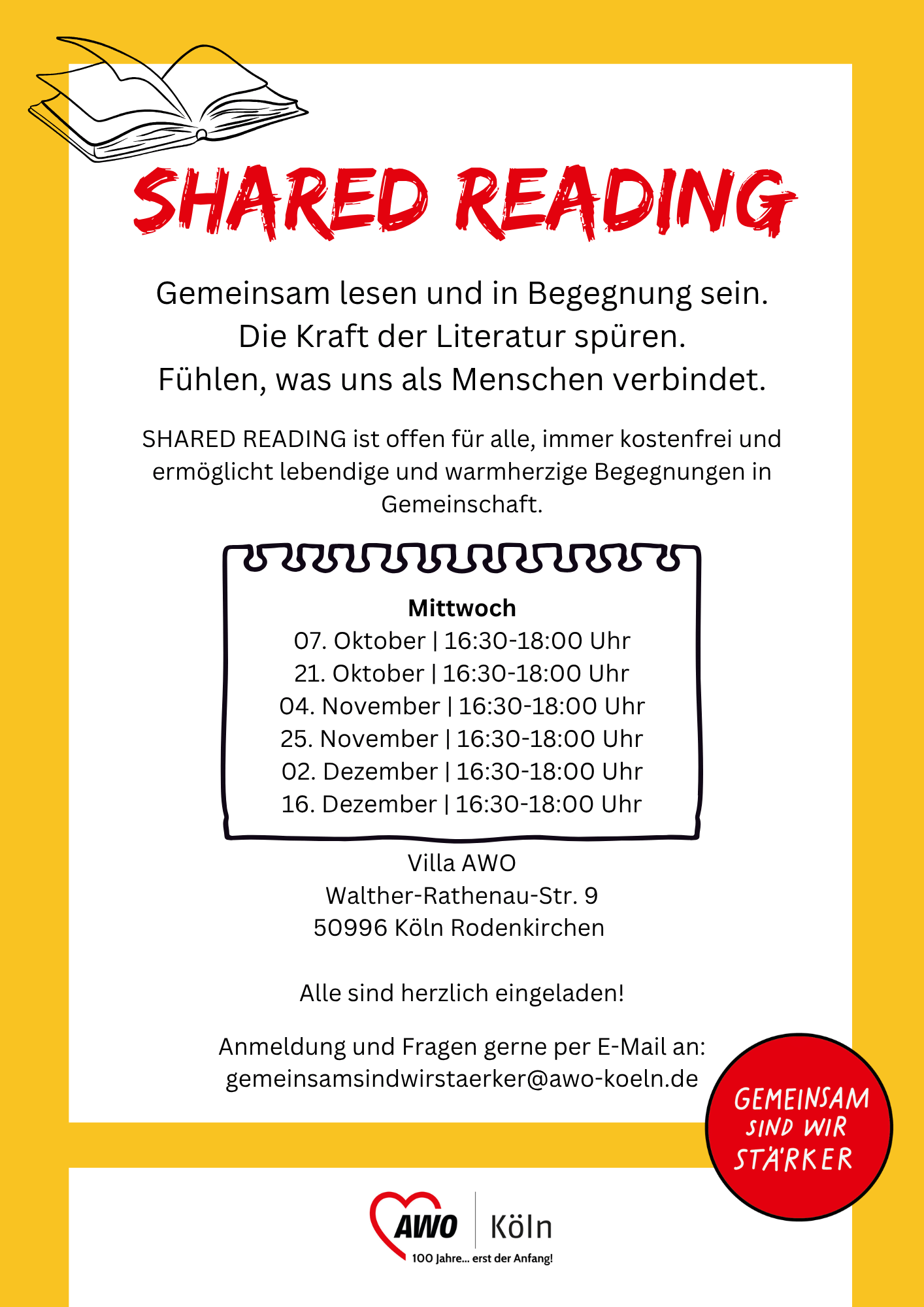 Plakat Shared Reading mit aufgeschlagenem Buch in der Villa AWO in Rodenkirchen