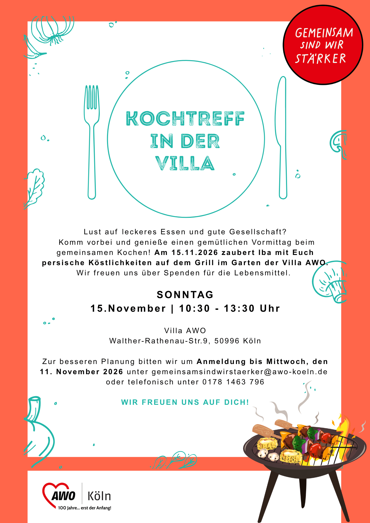Plakat Kochtreff in der Villa AWO in Rodenkirchen am 15. November 2026 mit Grill und Besteck