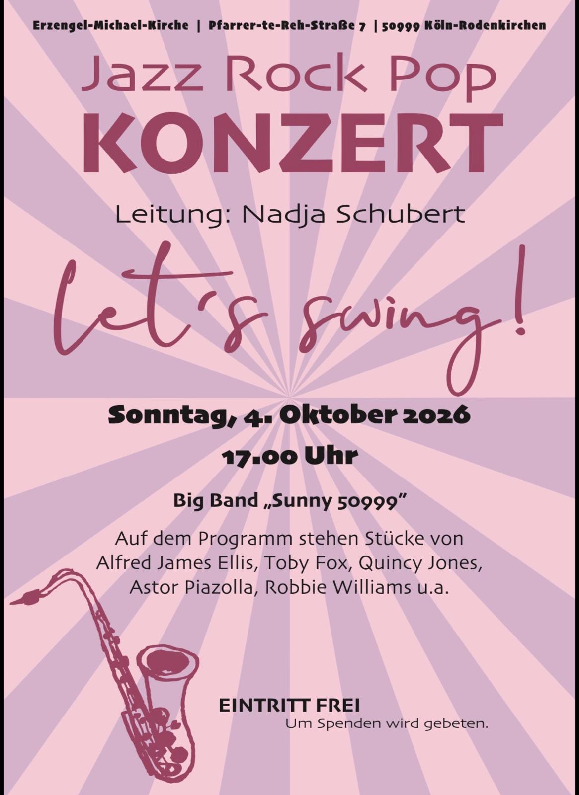 Flyer zum Jazz-Rock-Pop-Konzert der Big Band Sunny 50999 am 4. Oktober 2026 in Rodenkirchen