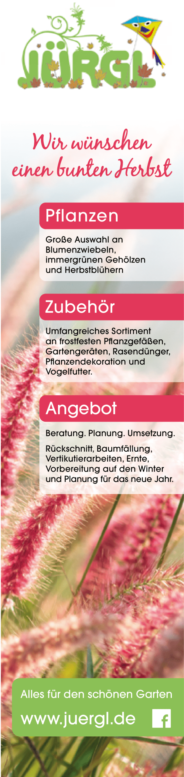 Bunter Herbstkorb mit Pflaumen und Apfel vor Ziergras, Logo Jürgl Garten- und Landschaftsbau