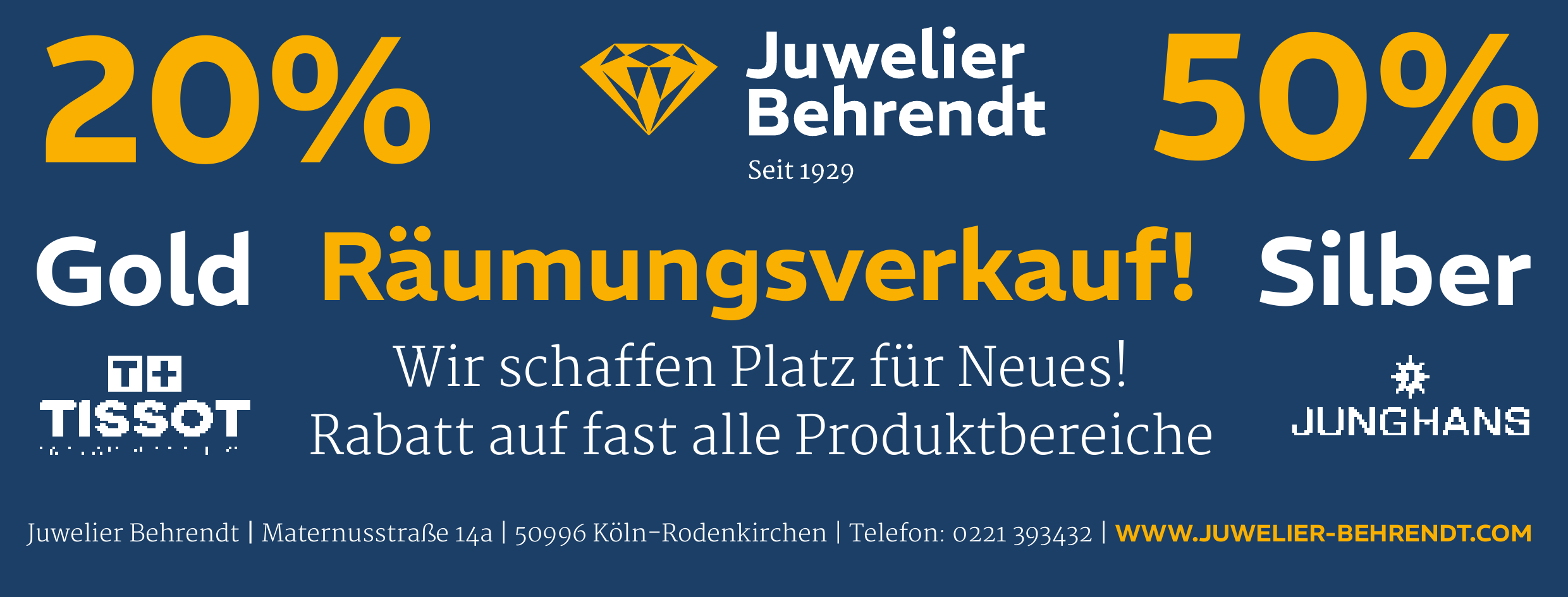 Diamant-Logo Juwelier Behrendt mit Markenlogos TISSOT und JUNGHANS in Rodenkirchen