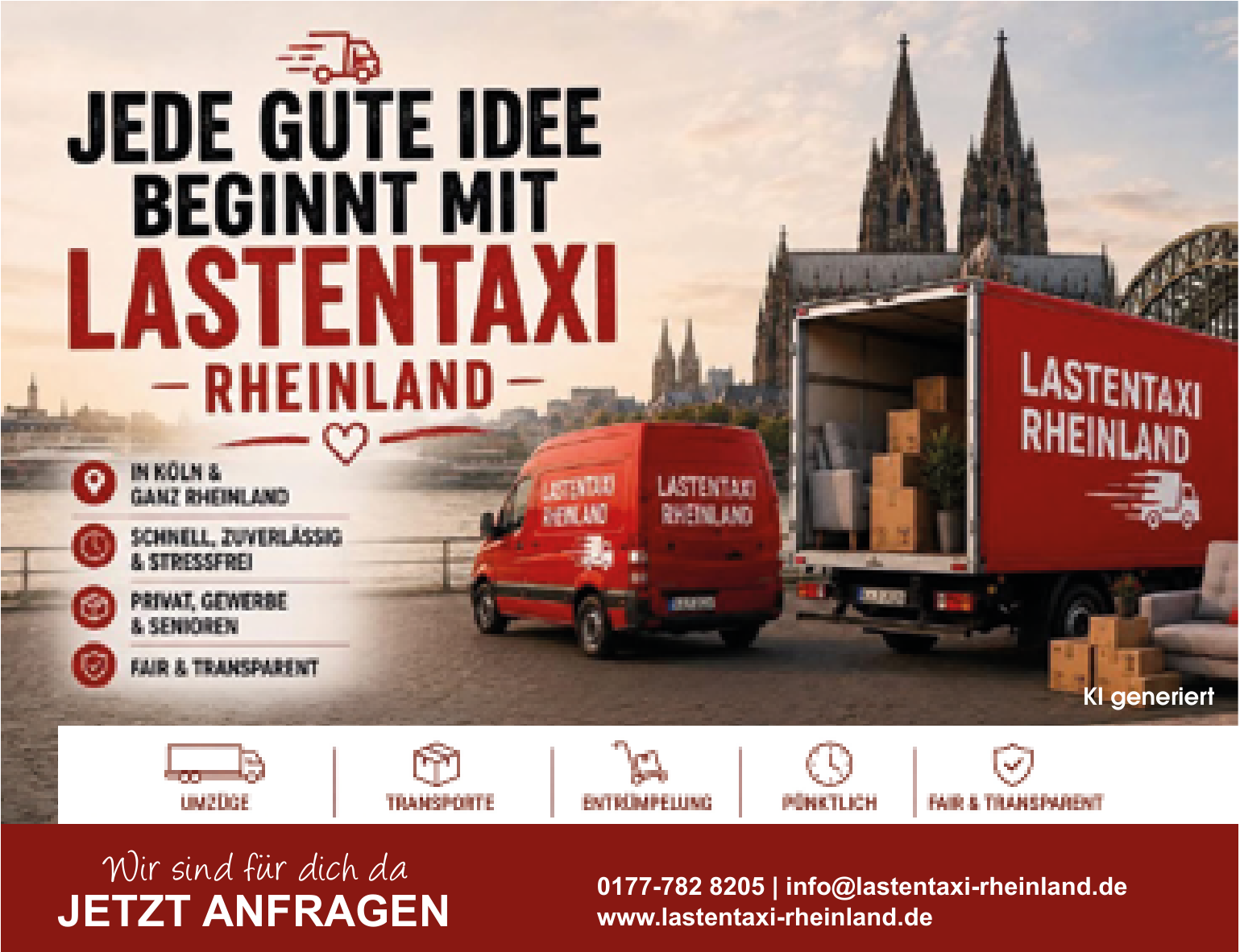 Roter und weißer Transporter von Lastentaxi Rheinland vor Kölner Skyline mit Dom