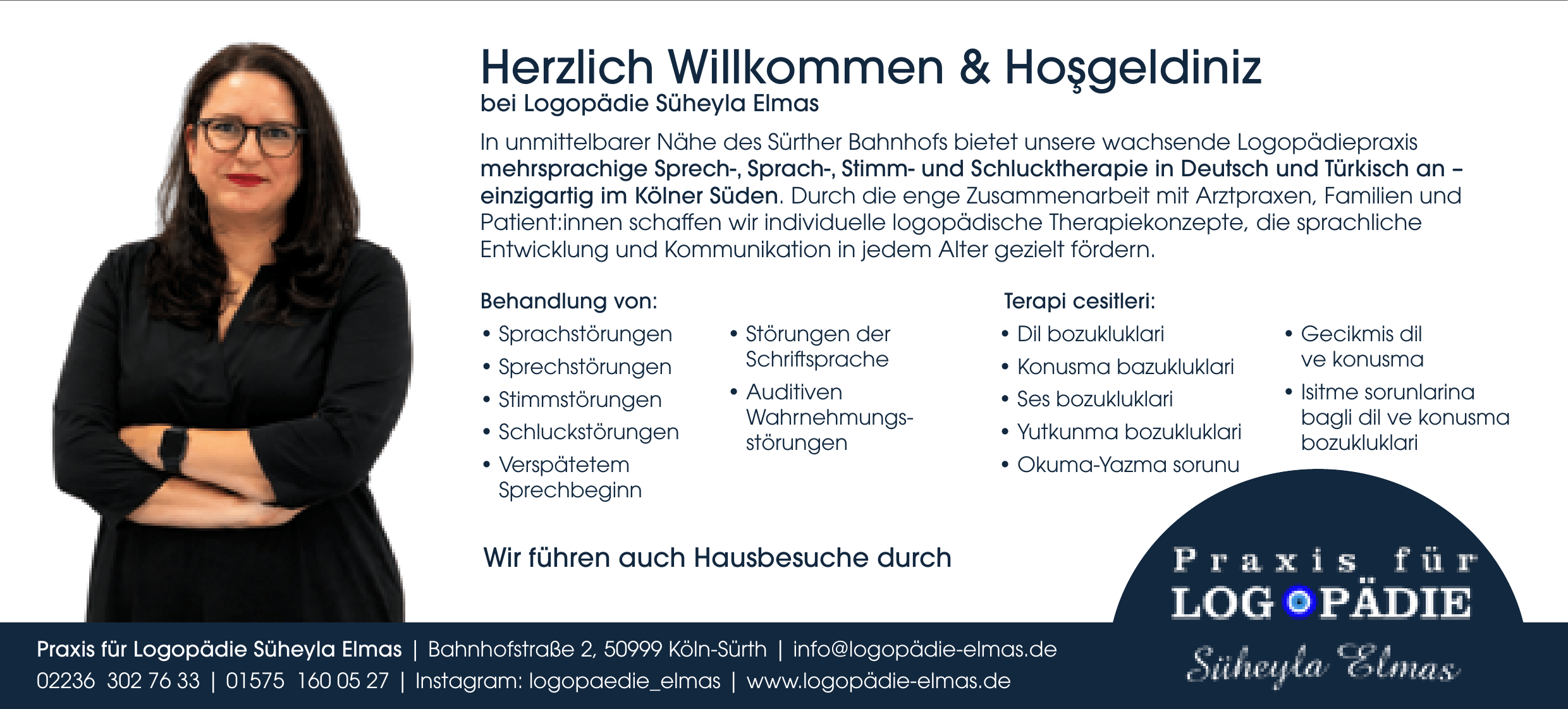 Porträt von Süheyla Elmas, Logo der Logopädiepraxis nahe dem Sürther Bahnhof