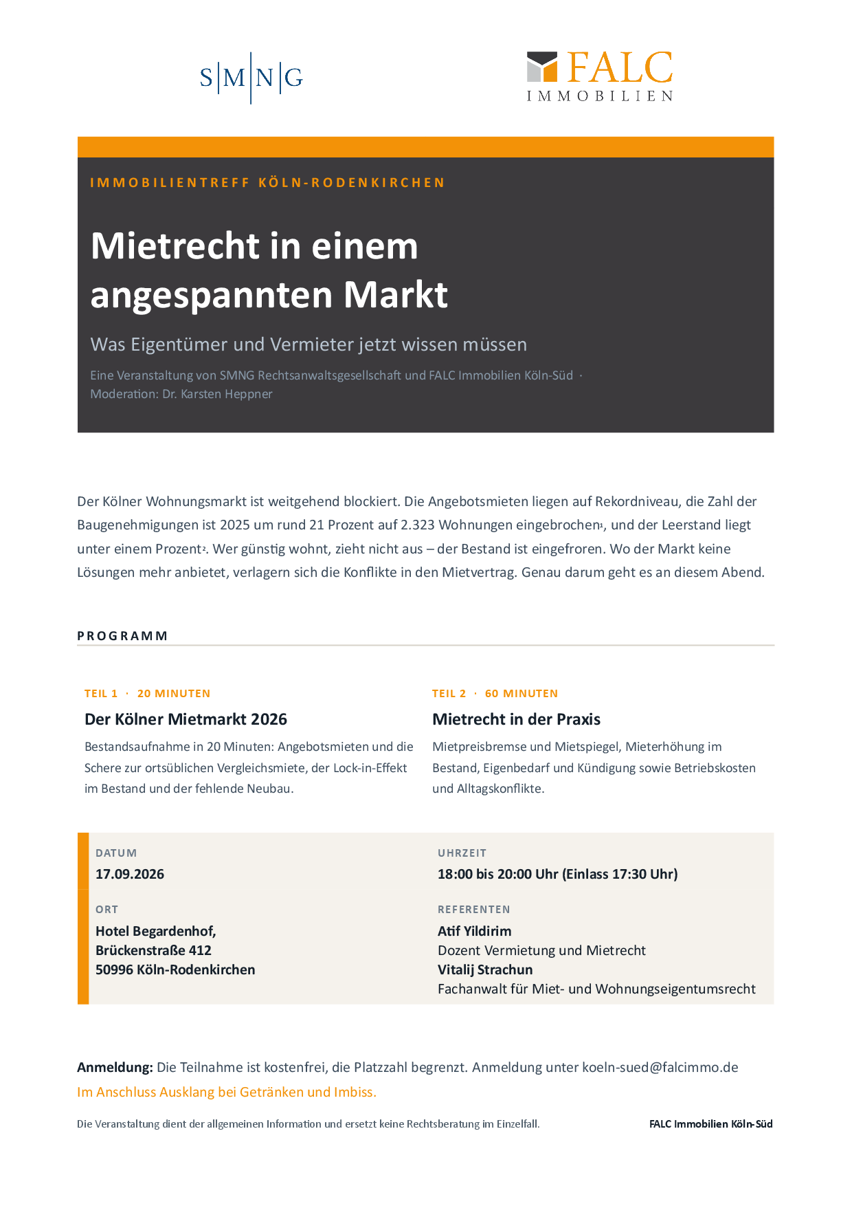 Flyer zum Immobilientreff Rodenkirchen: Vortrag Mietrecht am 17.09.2026 im Hotel Begardenhof