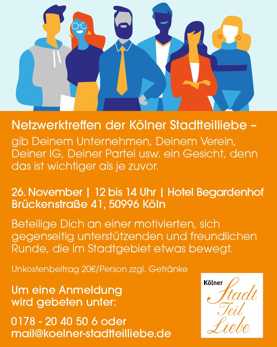 Einladung zum Netzwerktreffen der Kölner StadtteilLiebe am 26. November 2026 von 12 bis 14 Uhr im Hotel Begardenhof, Köln-Rodenkirchen