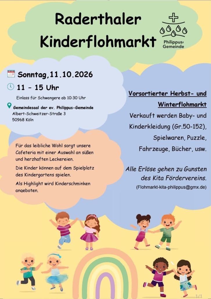 Flyer zum Raderthaler Kinderflohmarkt am 11. Oktober 2026 in der Philippus-Gemeinde in Köln-Raderthal