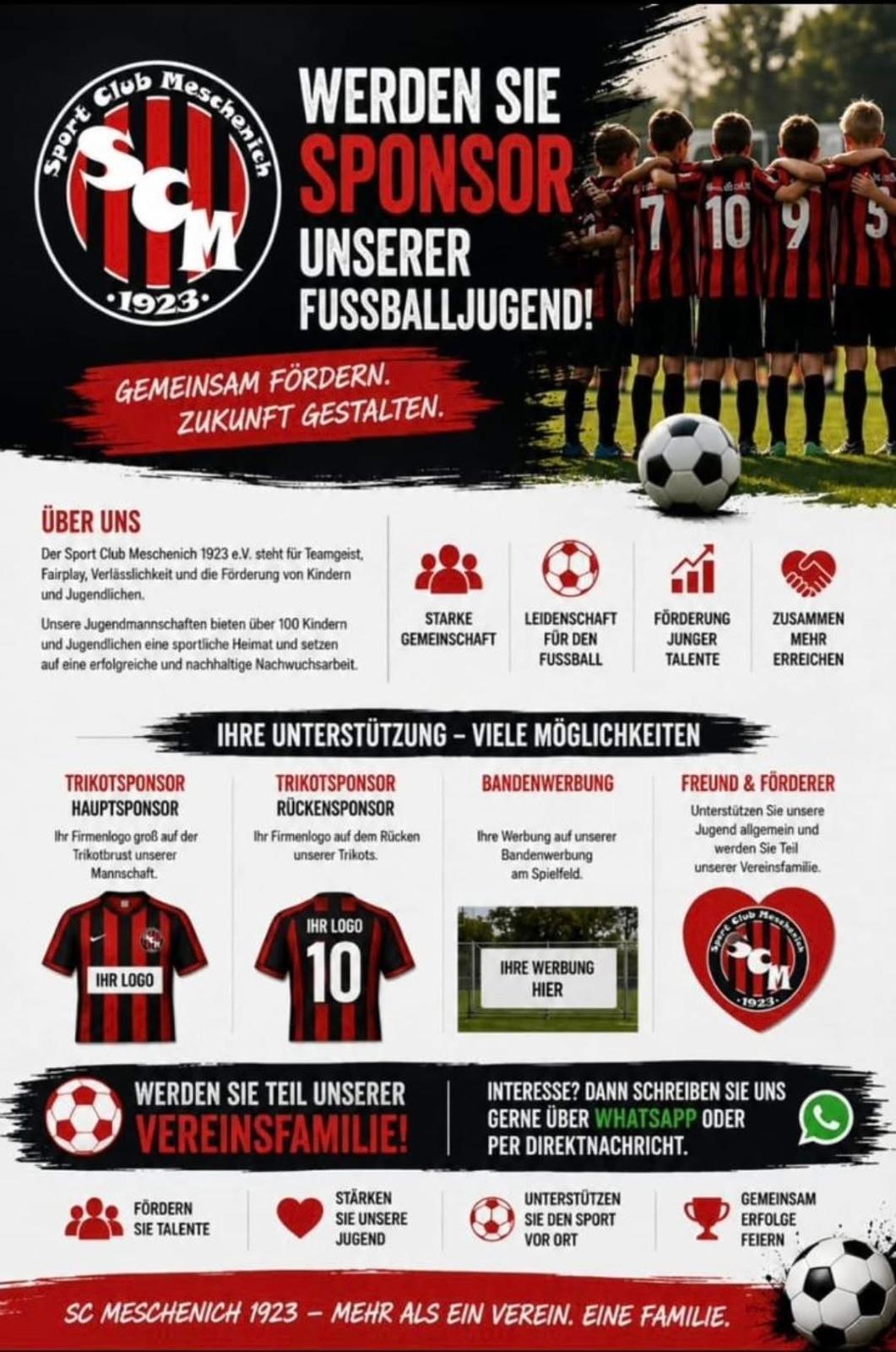 Werbeflyer des SC Meschenich 1923 für Trikot- und Bandensponsoring der Fußballjugend in Rodenkirchen-Meschenich.