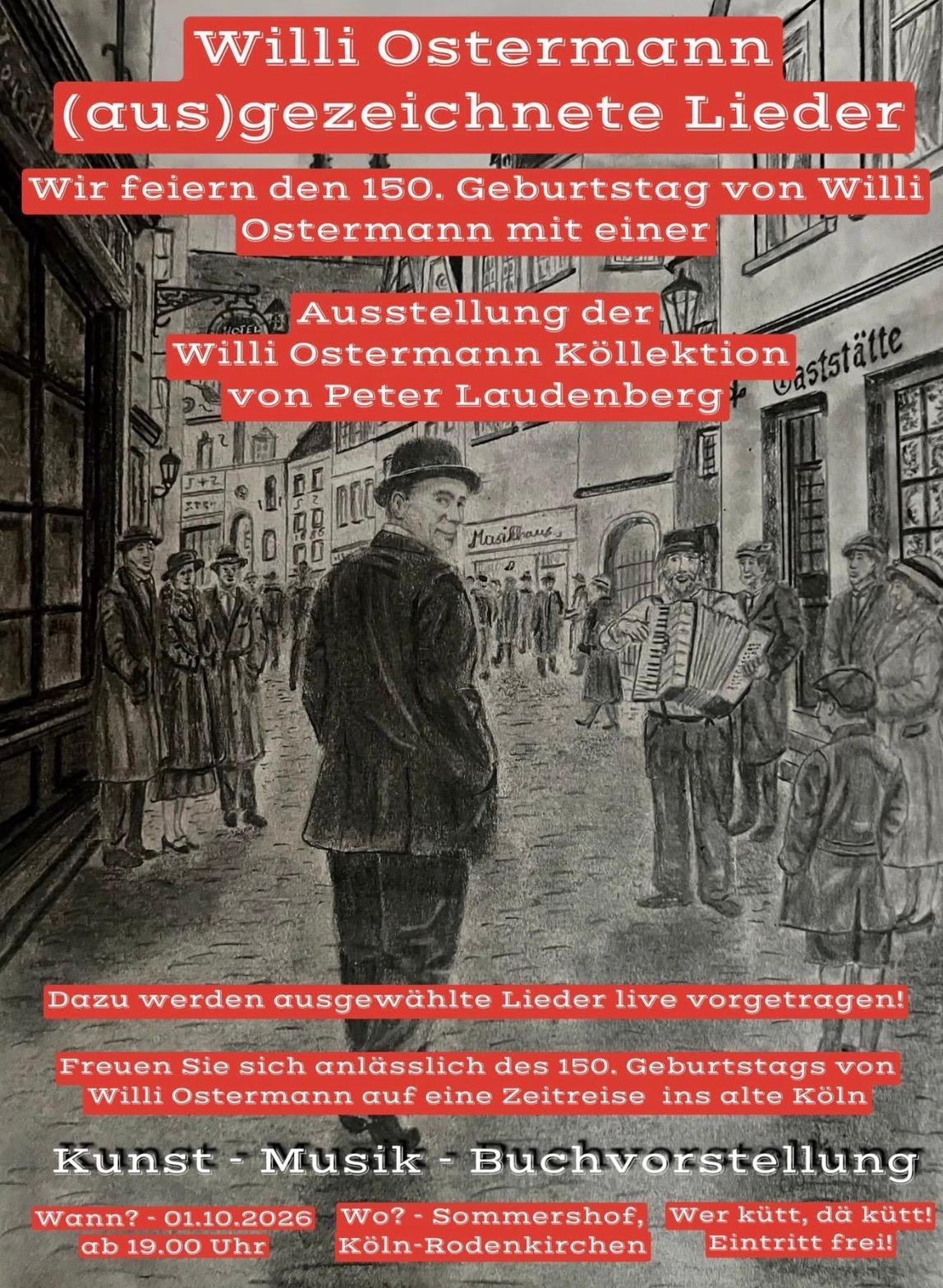 Plakat zur Willi-Ostermann-Ausstellung im Sommershof Rodenkirchen, 1. Oktober 2026, mit Musik und Buchvorstellung