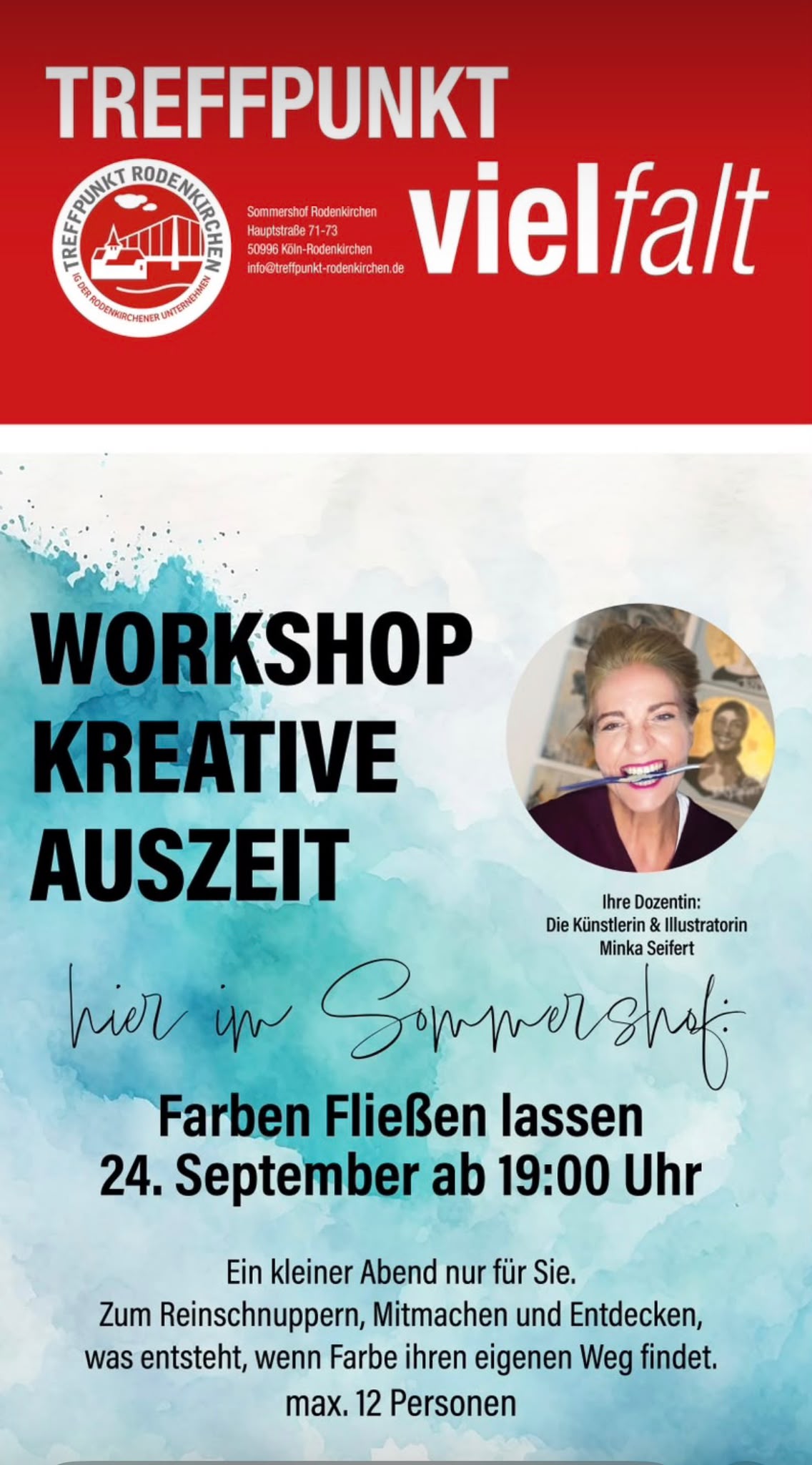 Flyer zum Workshop Kreative Auszeit mit Minka Seifert im Treffpunkt Vielfalt Rodenkirchen