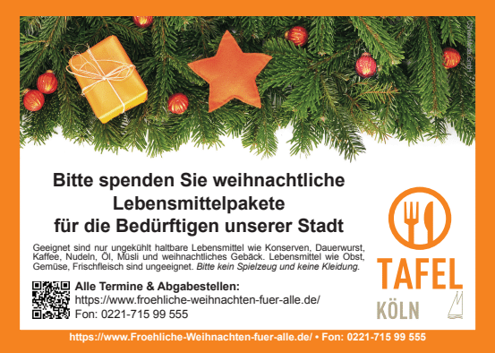 Weihnachtspäckchenaktion der Kölner Tafel in Rodenkirchen: Flyer mit Geschenkpaketen