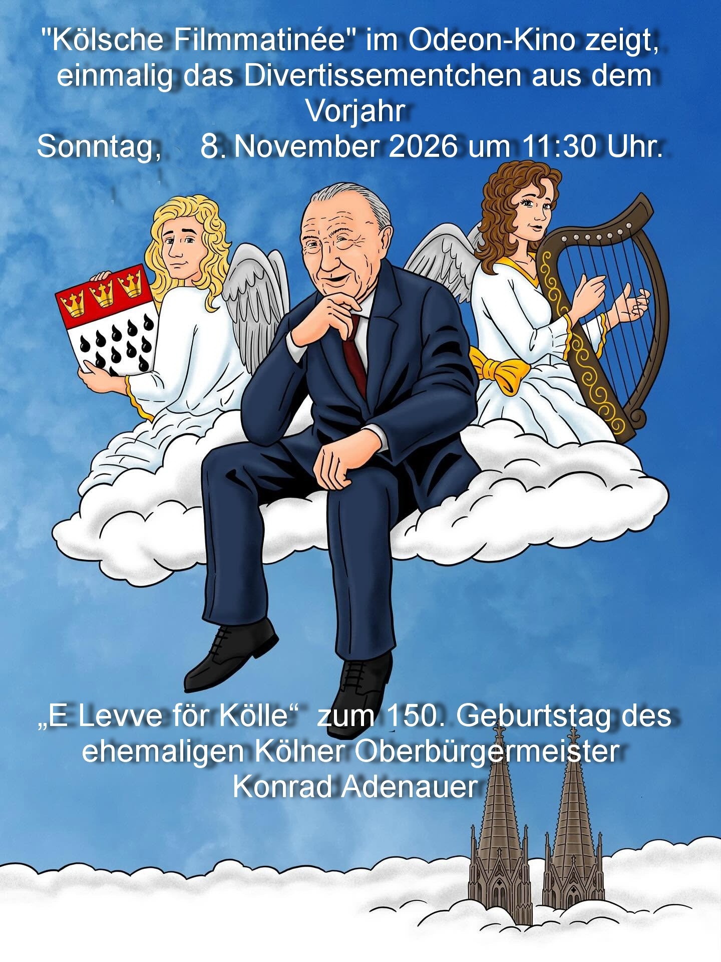 Plakat zur Kölschen Filmmatinée im Odeon-Kino mit Konrad Adenauer auf einer Wolke