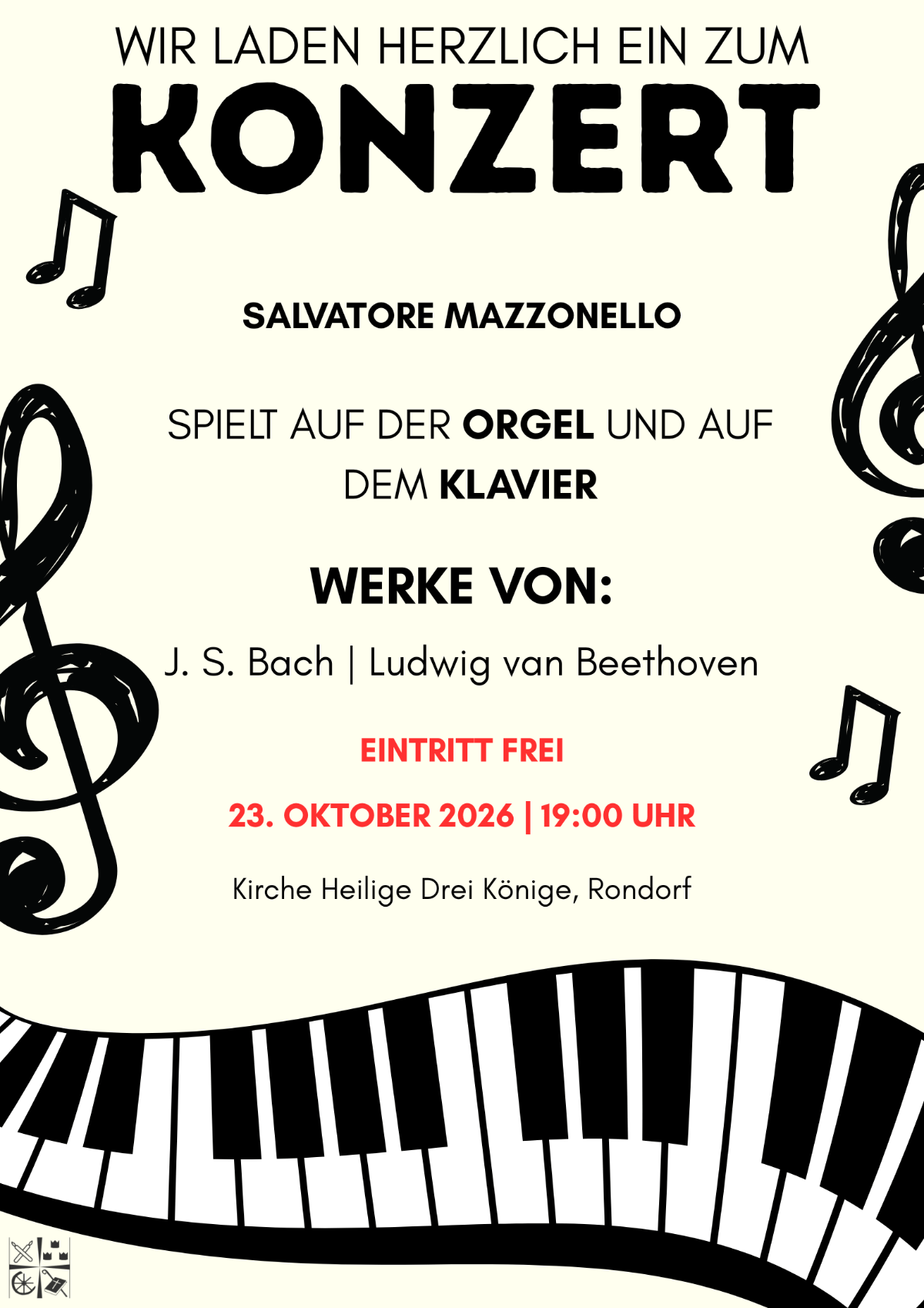 Plakat zum Orgel- und Klavierkonzert mit Salvatore Mazzonello am 23. Oktober 2026 in Heilige Drei Könige in Rondorf