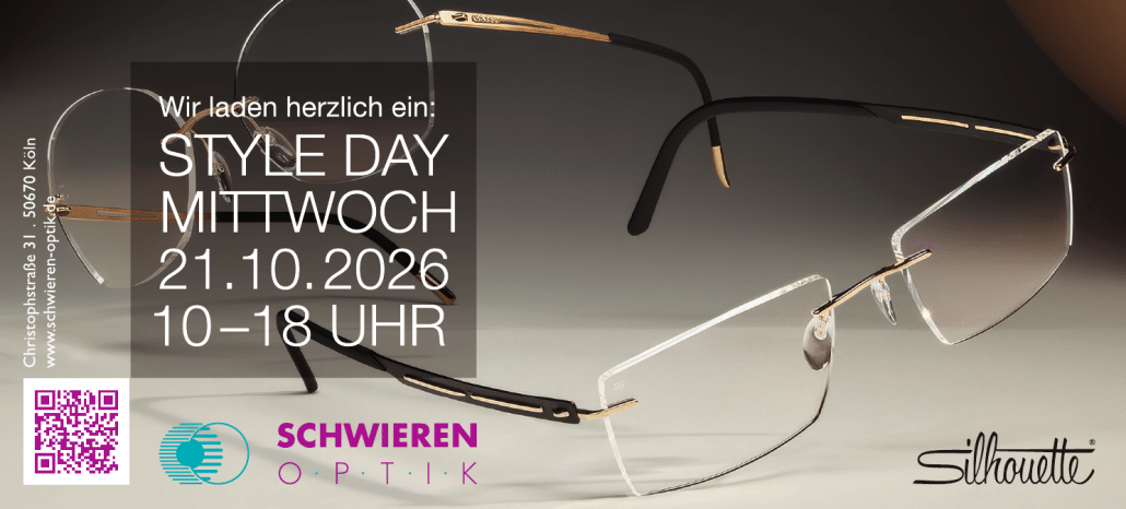 Schwieren Optik Köln: Style Day am 21. Oktober 2026 von 10 bis 18 Uhr, Christophstraße 31, mit Silhouette-Brillen.