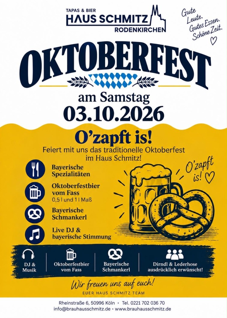 Oktoberfest Rodenkirchen im Haus Schmitz am 3. Oktober 2026 – Veranstaltungsplakat