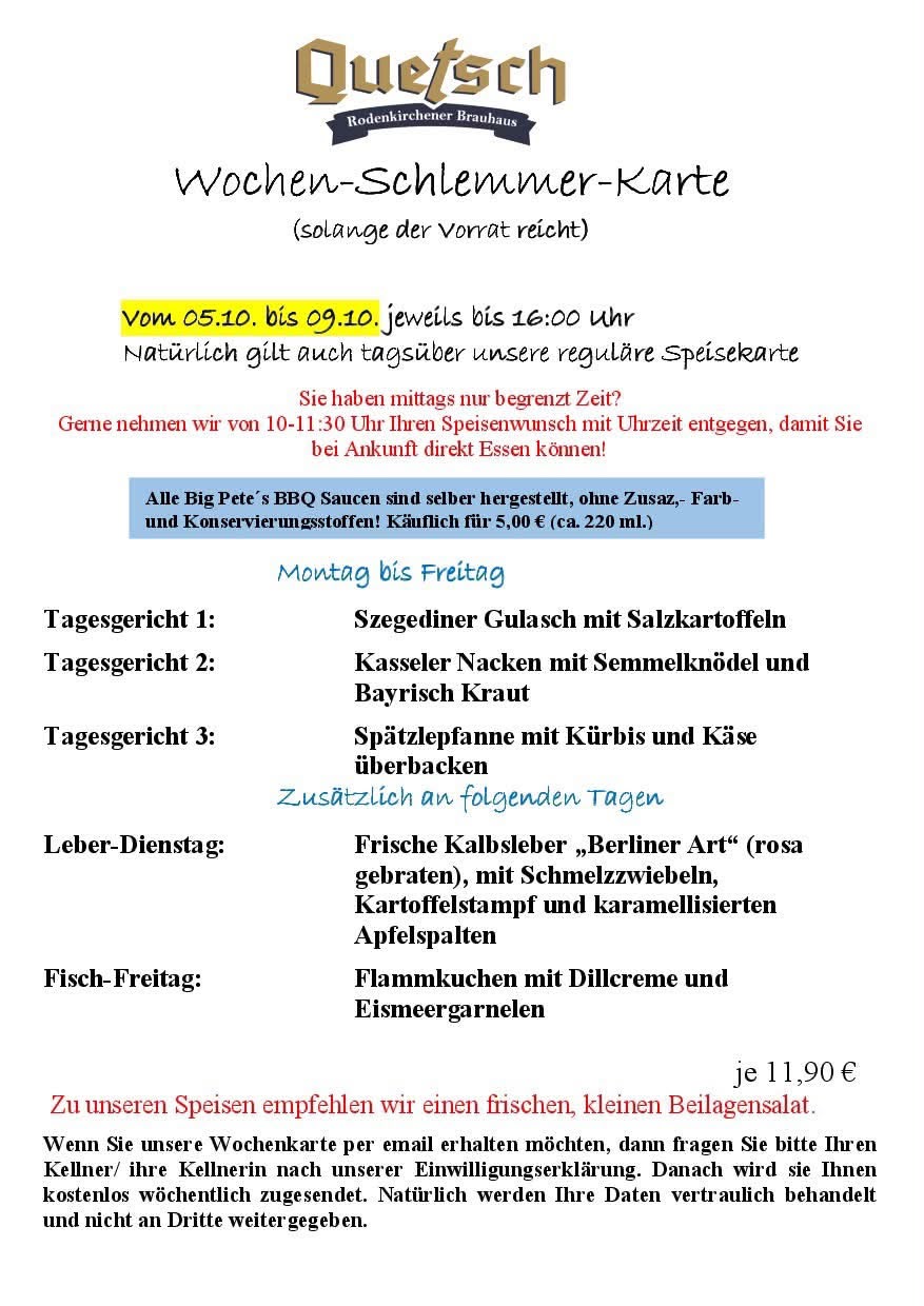 Quetsch Wochenkarte vom 05. bis 09. Oktober 2026 mit Schlemmergerichten für 11,90 Euro bis 16 Uhr