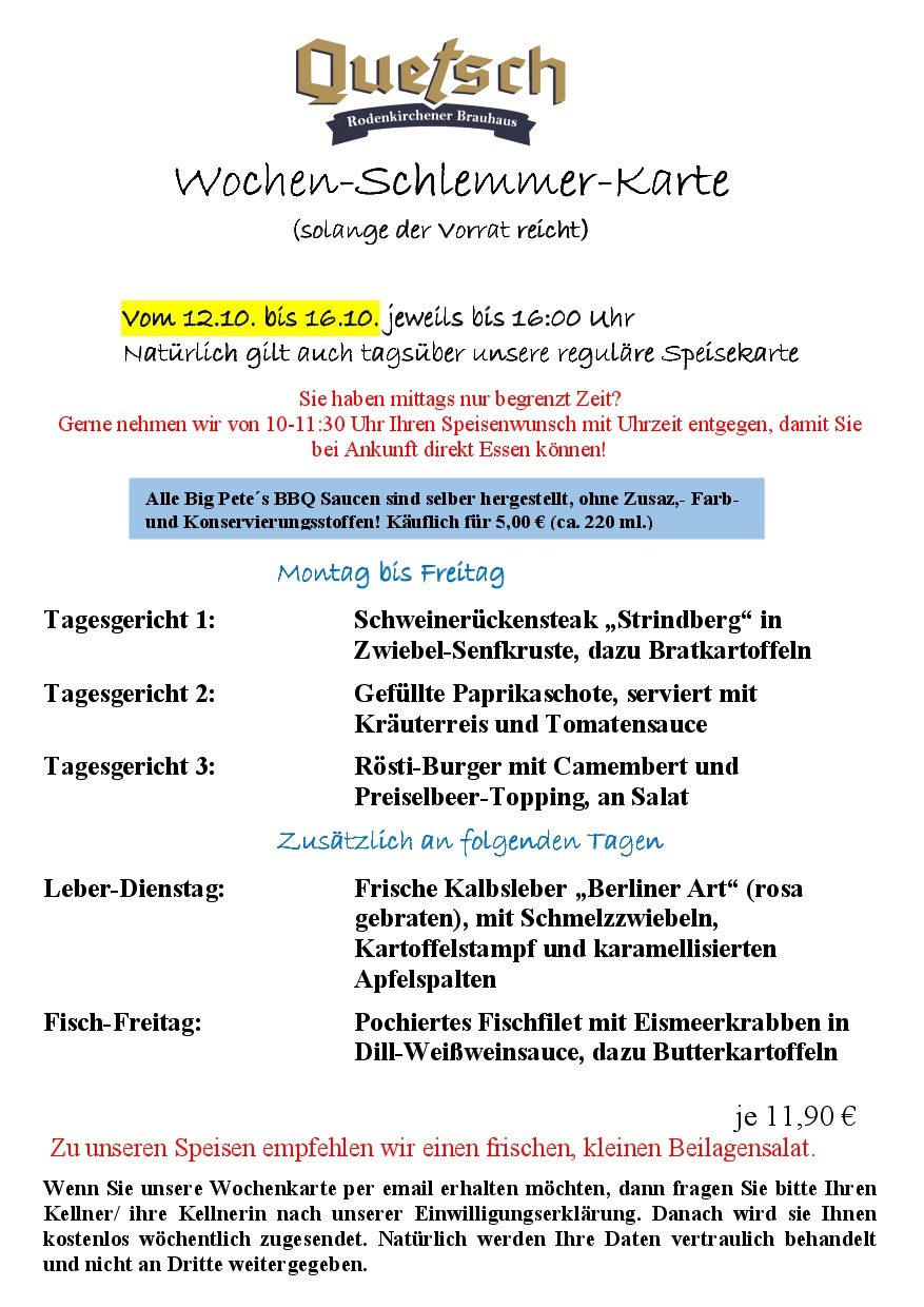 Wochen-Schlemmer-Karte der Quetsch in Rodenkirchen vom 12. bis 16. Oktober 2026 mit Gerichten zu je 11,90 Euro
