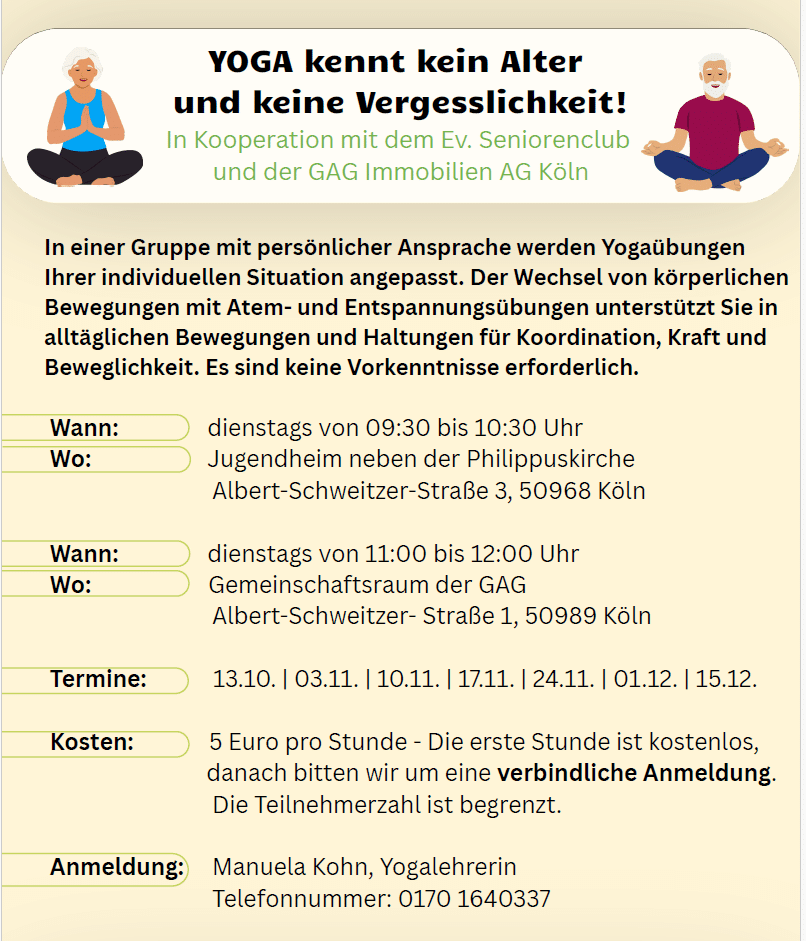 Yoga kennt kein Alter – Angebot in der Philippus-Gemeinde und im GAG-Raum