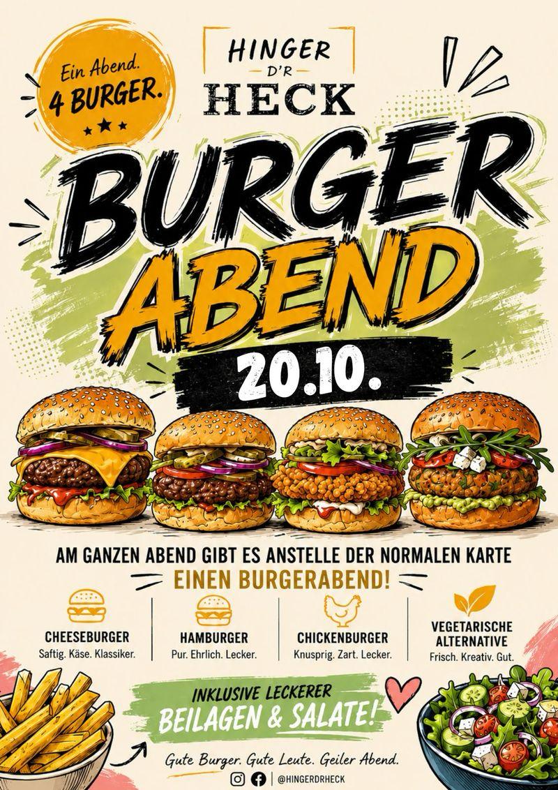 Burgerabend im Hinger d’r Heck in Zollstock am 20. Oktober 2026 mit vier Burgern, Beilagen und Salaten