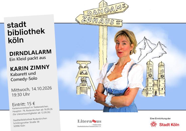 Plakat Dirndlalarm: Kabarettistin Karin Zimny im Dirndl, 14. Oktober in der Stadtbibliothek Rodenkirchen