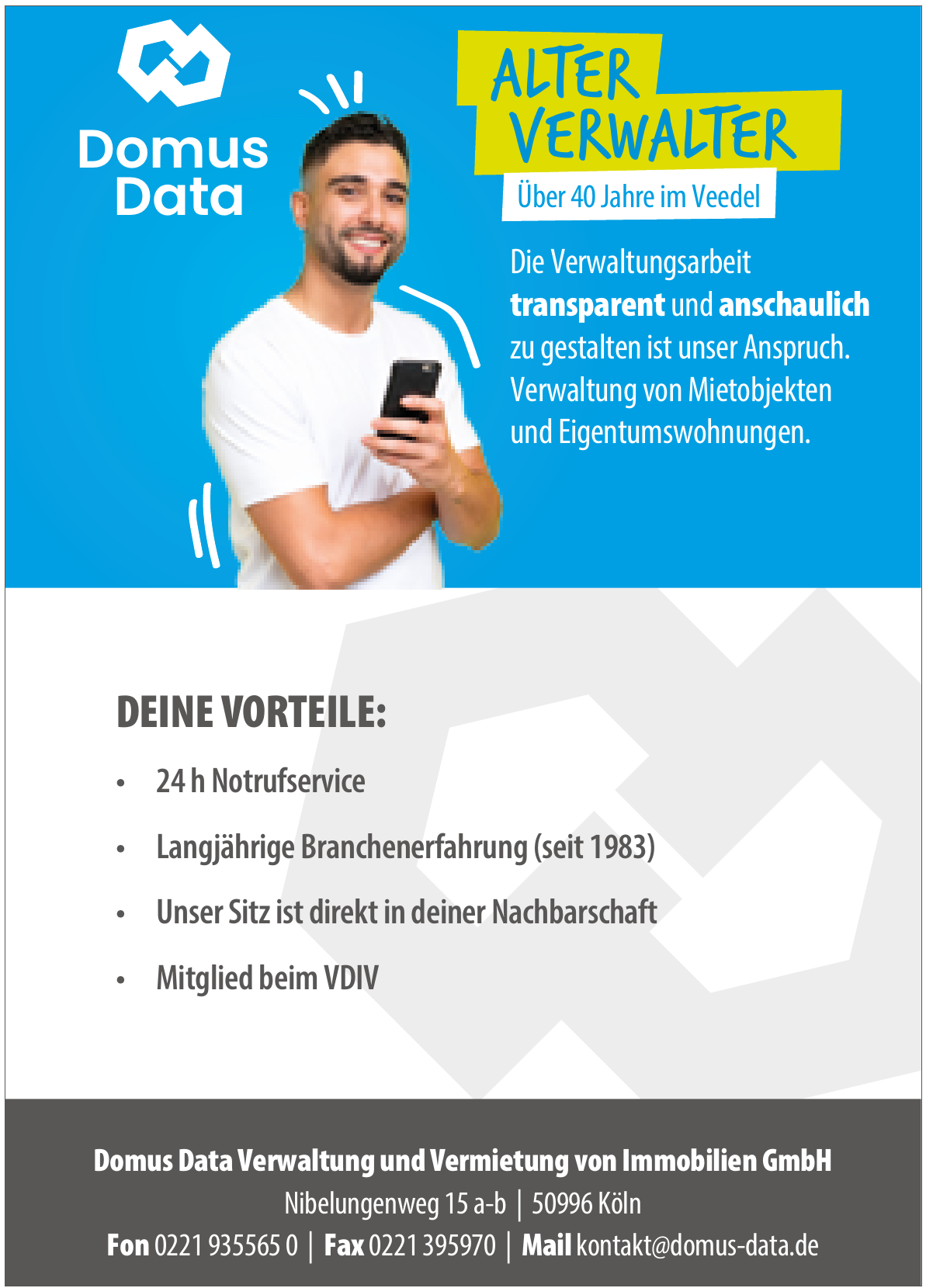 Anzeige Domus Data, Hausverwaltung im Kölner Süden
