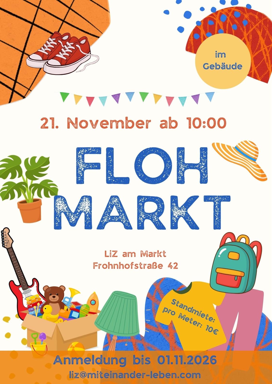 Buntes Plakat zum Flohmarkt im LiZ am Markt am 21. November ab 10 Uhr