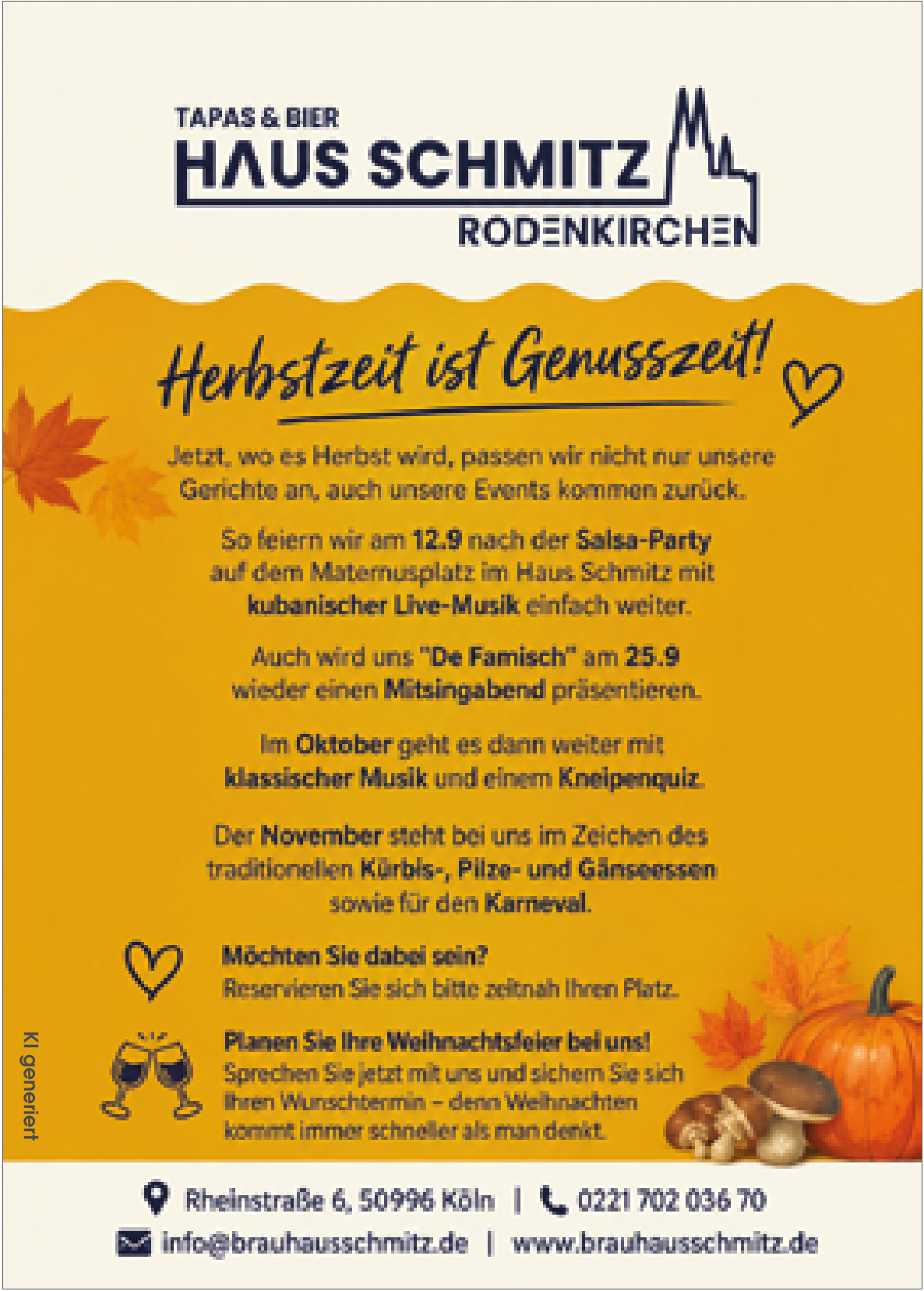 Anzeige Haus Schmitz Rodenkirchen, Tapas und Bier, Herbstmotiv