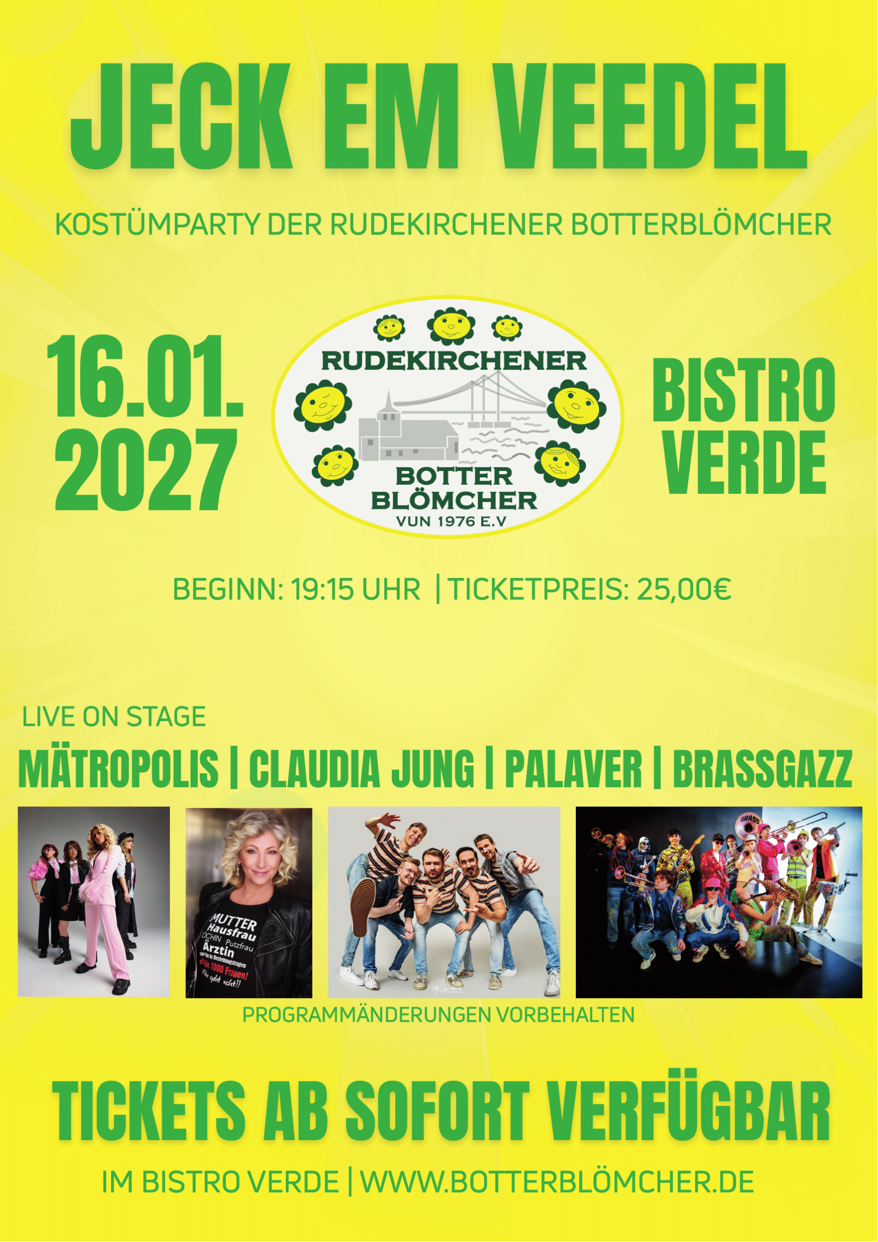 Plakat Jeck em Veedel: Kostümparty der Botterblömchen am 16. Januar 2027 im Bistro Verde
