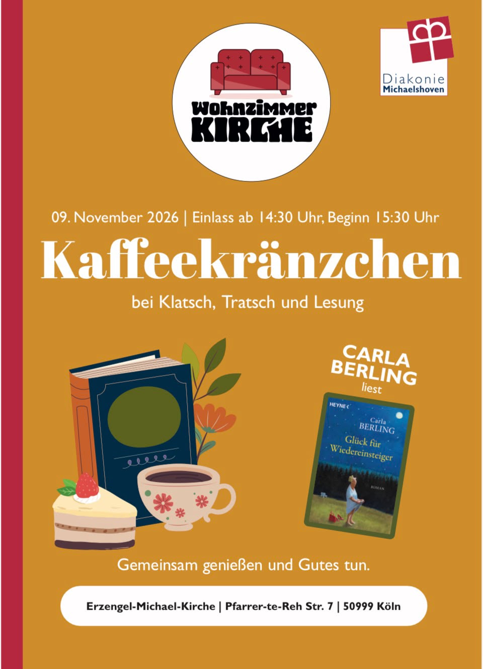 Plakat Kaffeekränzchen mit Lesung von Carla Berling am 9. November in der Erzengel-Michael-Kirche