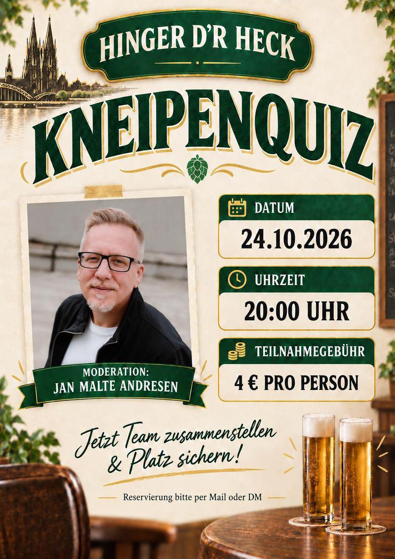 Kneipenquiz im Hinger d’r Heck in Zollstock am 24. Oktober 2026 um 20 Uhr mit Moderator Jan Malte Andresen