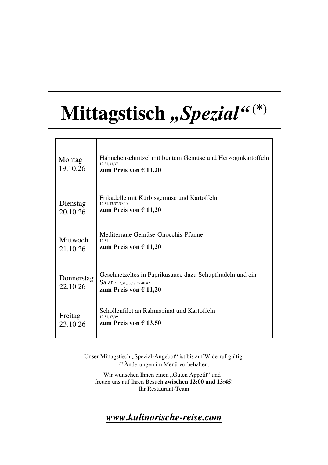 Mittagstisch Spezial der Kulinarischen Reise vom 19. bis 23. Oktober 2026 mit Tagesgerichten ab 11,20 Euro