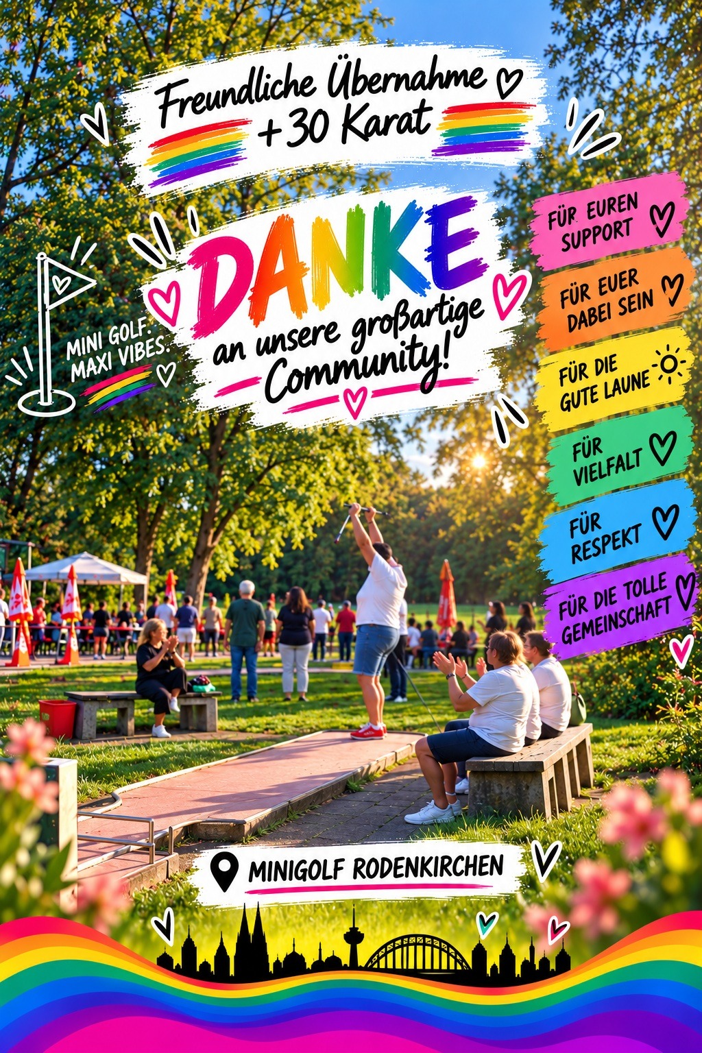 Dankesplakat zum Queer-Minigolf in Rodenkirchen in Regenbogenfarben: Danke an die Community