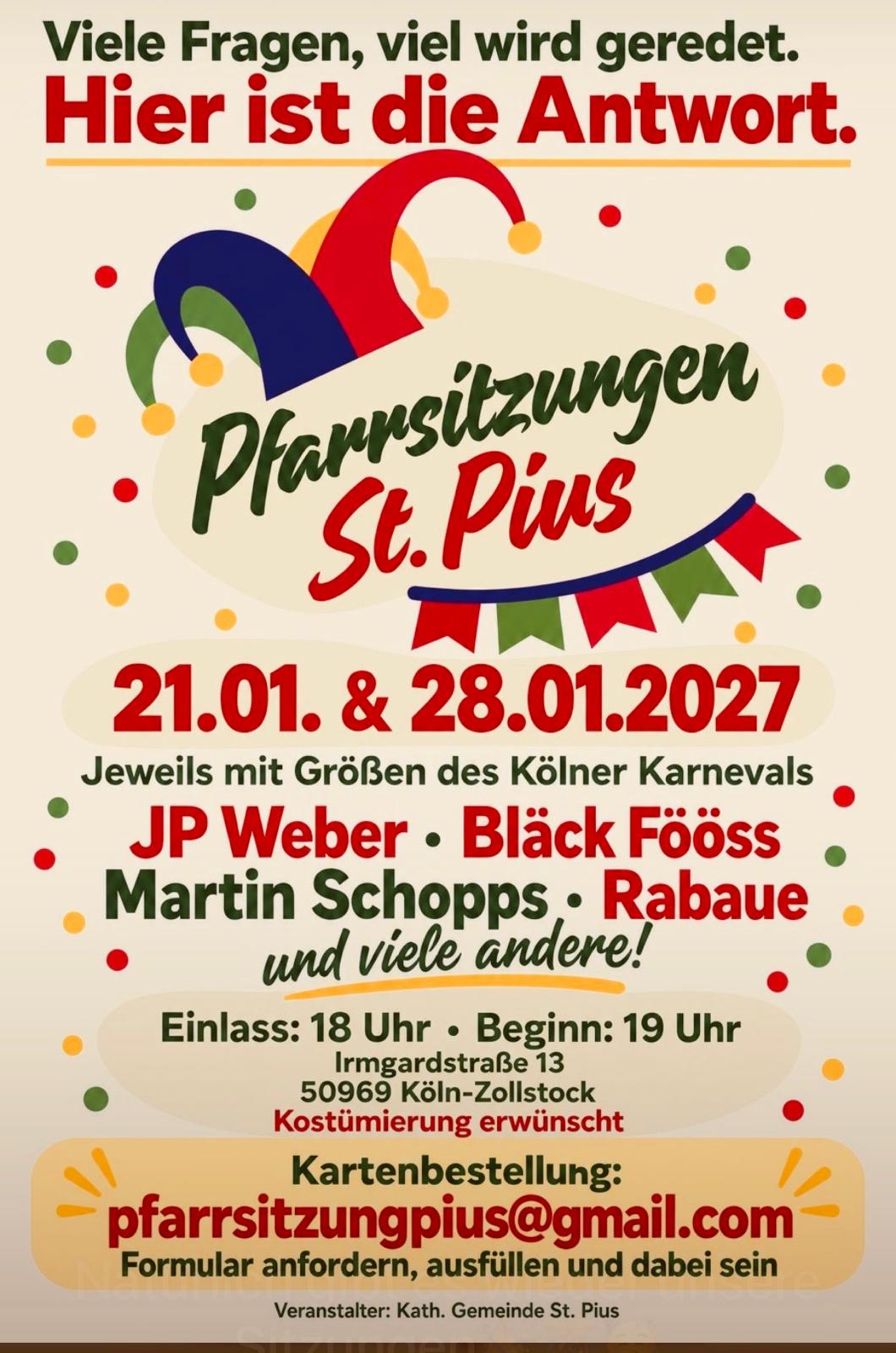 Plakat der Pfarrsitzungen St. Pius am 21. und 28. Januar 2027 in Köln-Zollstock mit Narrenkappe und Konfetti
