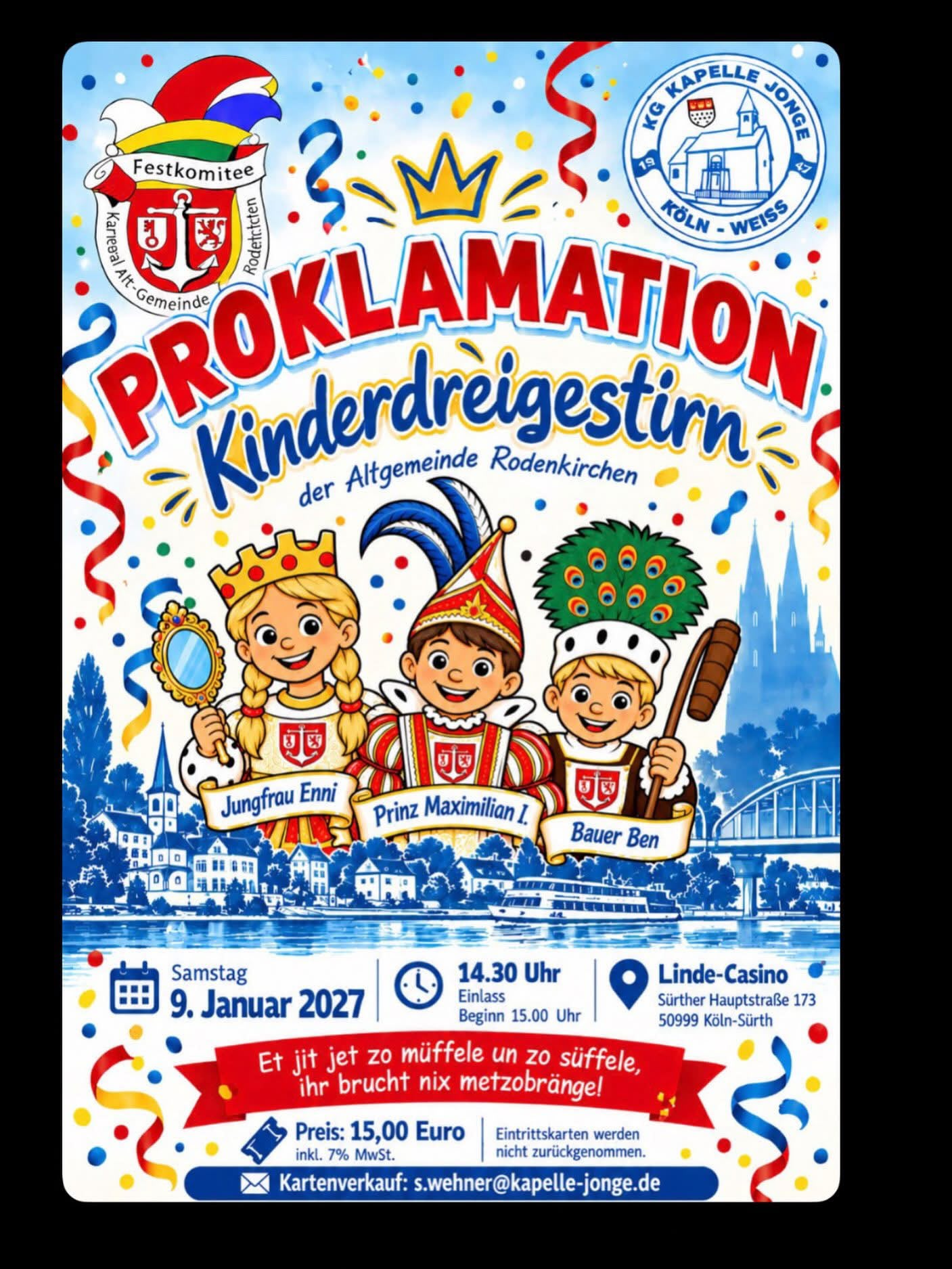 Plakat zur Proklamation des Kinderdreigestirns der Altgemeinde Rodenkirchen am 9. Januar 2027 im Linde-Casino in Köln-Sürth