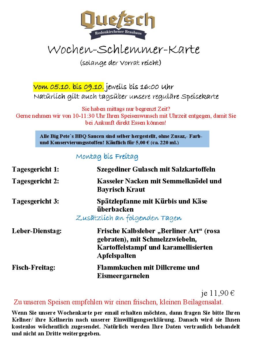 Wochen-Schlemmer-Karte vom 5. bis 9. Oktober im Quetsch, Rodenkirchener Brauhaus, mit Tagesgerichten und Preis