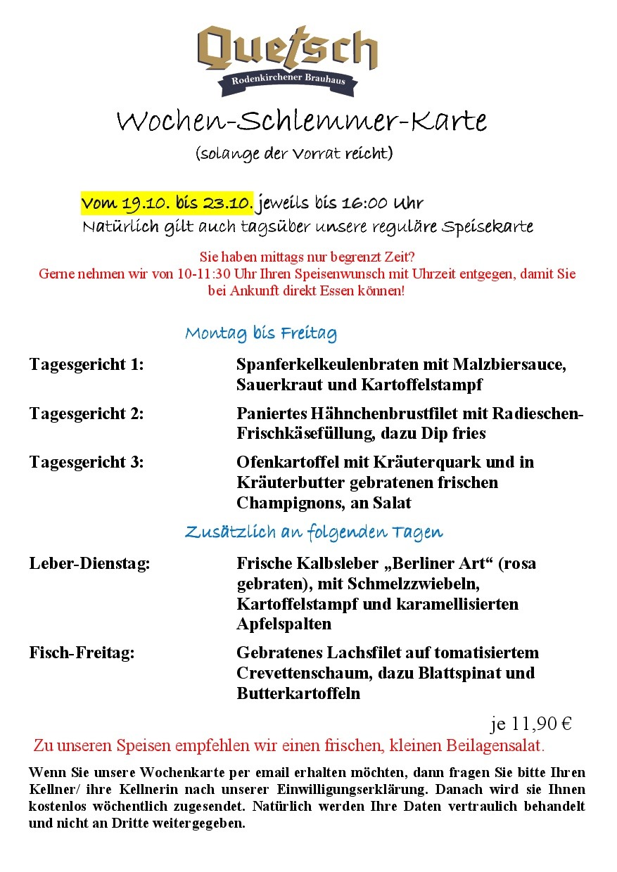 Wochen-Schlemmer-Karte der Quetsch in Rodenkirchen vom 19. bis 23. Oktober 2026 mit Gerichten zu je 11,90 Euro