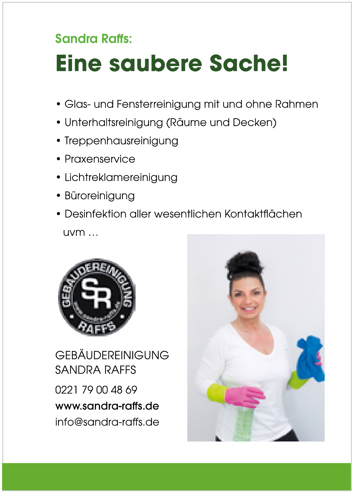 Anzeige Gebäudereinigung Sandra Raffs, Reinigungskraft mit Tuch