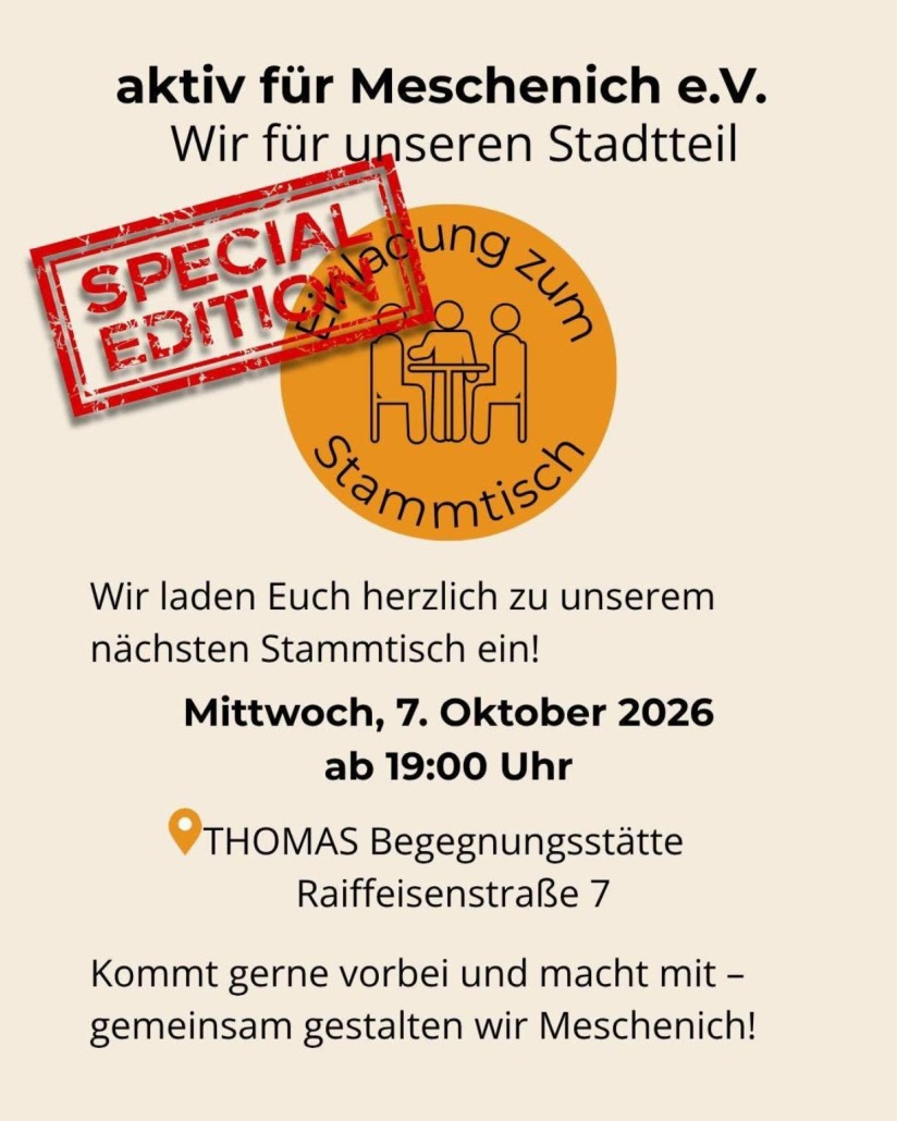 Flyer zum Stammtisch über Verkehr in Meschenich am 7. Oktober 2026
