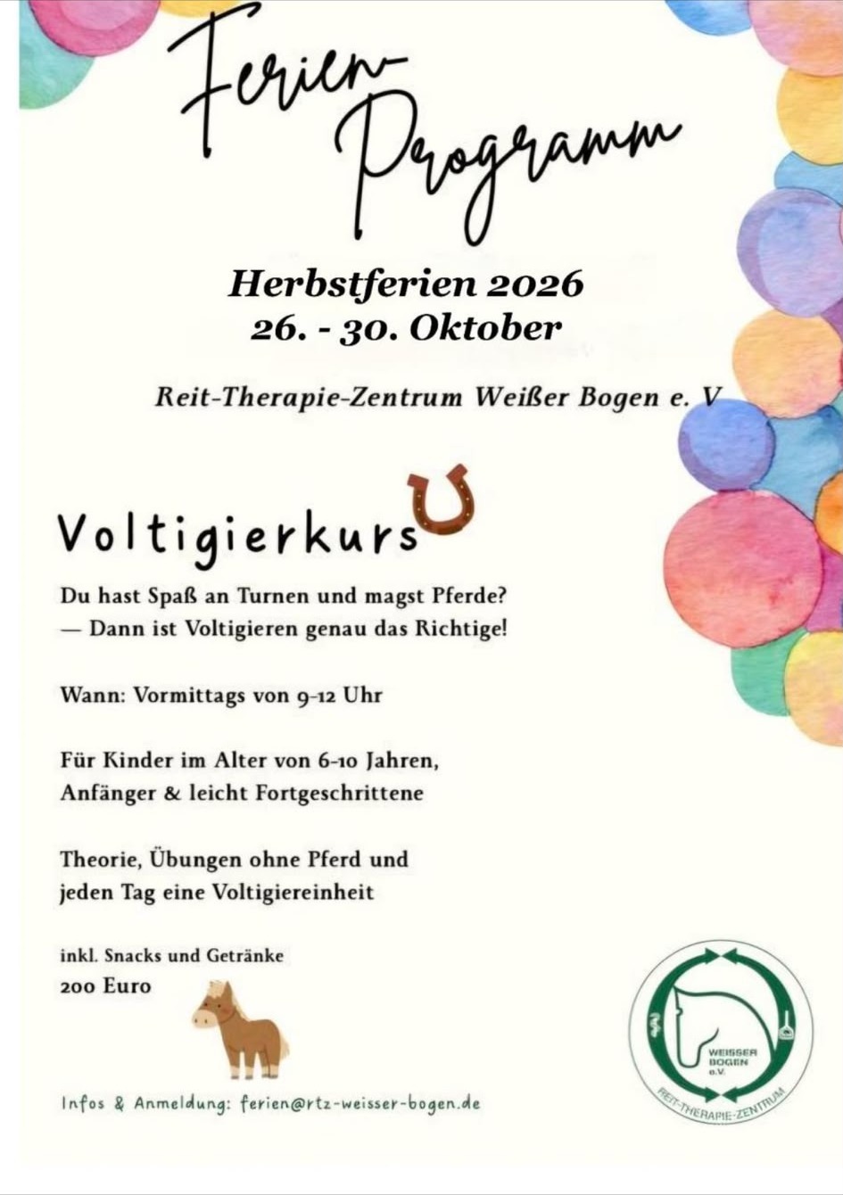 Plakat Ferienprogramm Voltigierkurs für Kinder im Reit-Therapie-Zentrum Weißer Bogen, 26. bis 30. Oktober