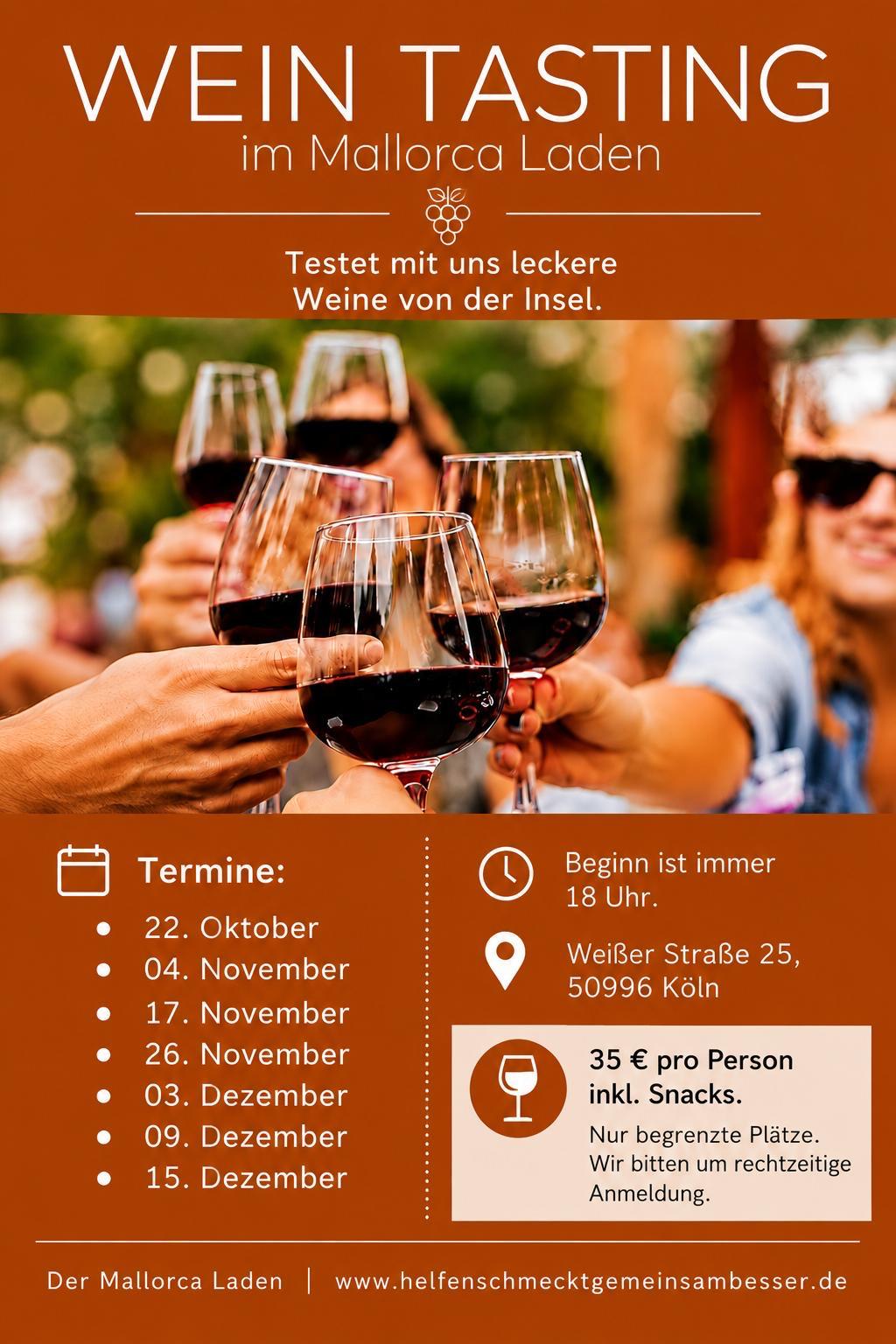 Anstoßen mit Rotwein: Plakat zum Wein Tasting im Mallorca Laden Rodenkirchen mit sieben Terminen