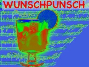 Plakatmotiv „Wunschpunsch“ mit Cocktailglas und Notenblättern in bunten Farben